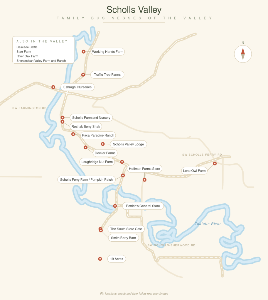 Illustrated map of Scholls Valley showing the locations of local family businesses along Scholls Ferry Road, River Road and Scholls-Sherwood Road, with the Tualatin River winding through the valley.